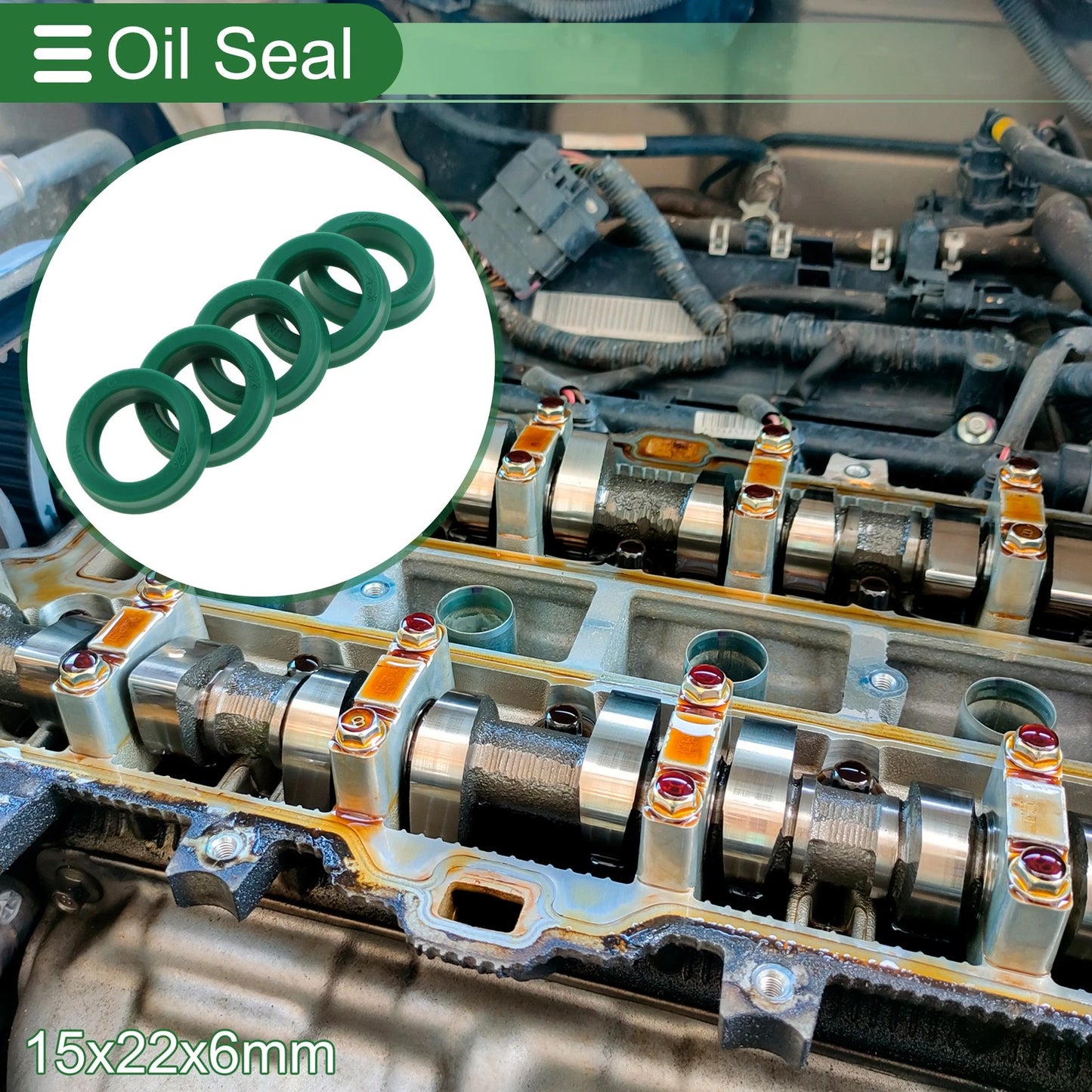 Oil Seal 15x22x6mm Rotary Shaft Seal TPU High Pressure Green 5 Pcs