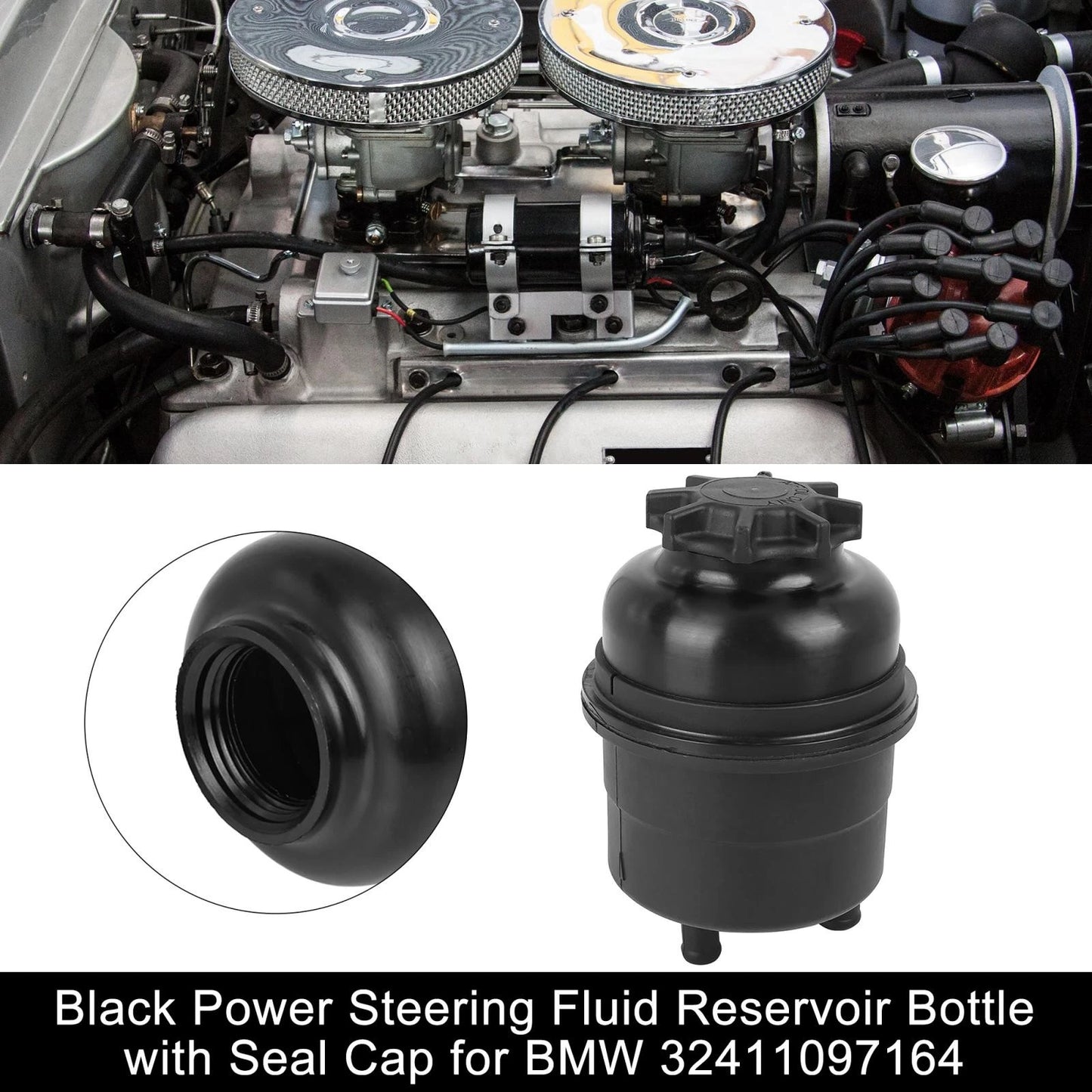 Black Power Steering Fluid Reservoir Bottle with Seal Cap for BMW 3 Series (1983-1994)