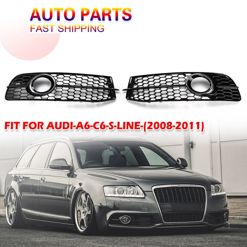 2 x Front Bumper Fog Light Grille Covers for Audi A6 C6 S-line (2005-2011)