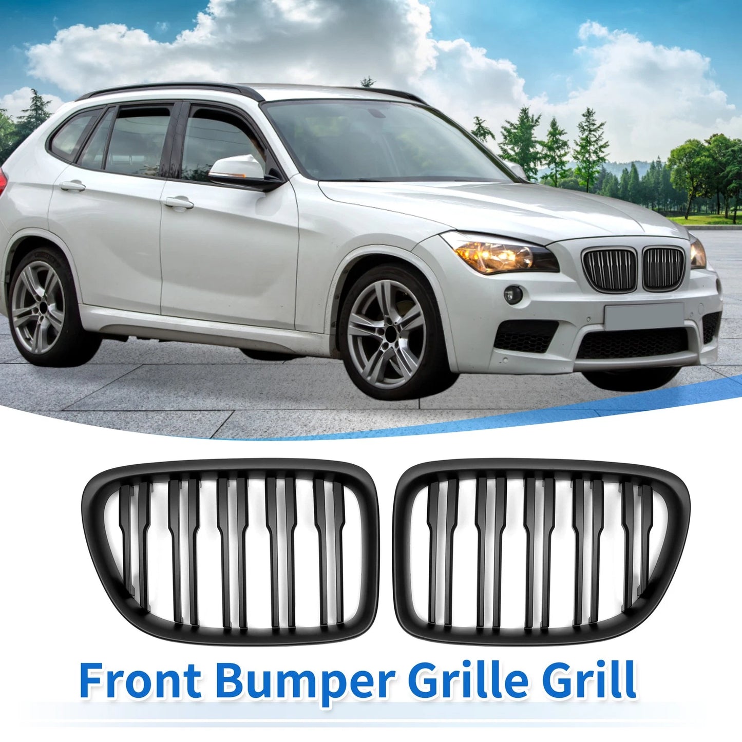 Front Upper Bumper Grille for BMW X1 E84 2009-2015 Matte Black 2 x Grilles