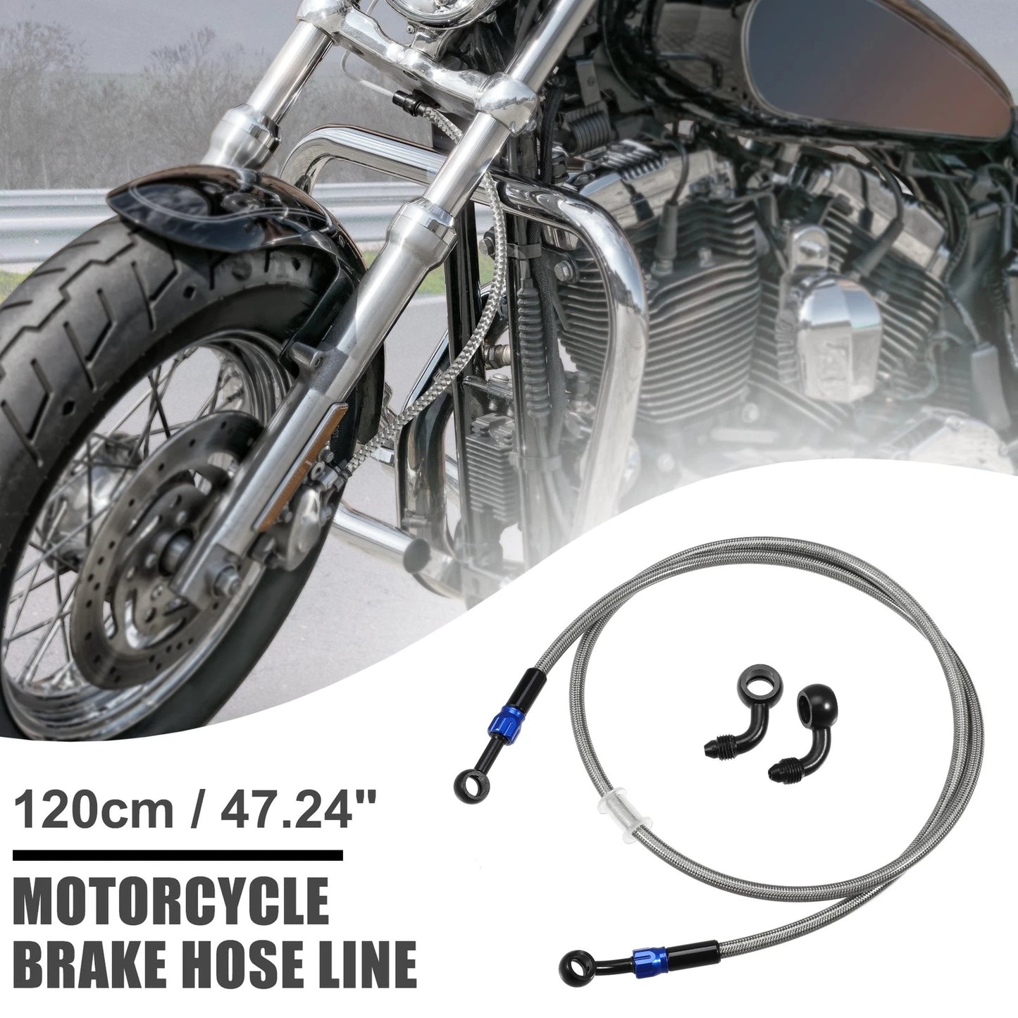 Brake Hose 120cm 90 Degree Motorcycle Braided Line Silver Tone for Motorcycle