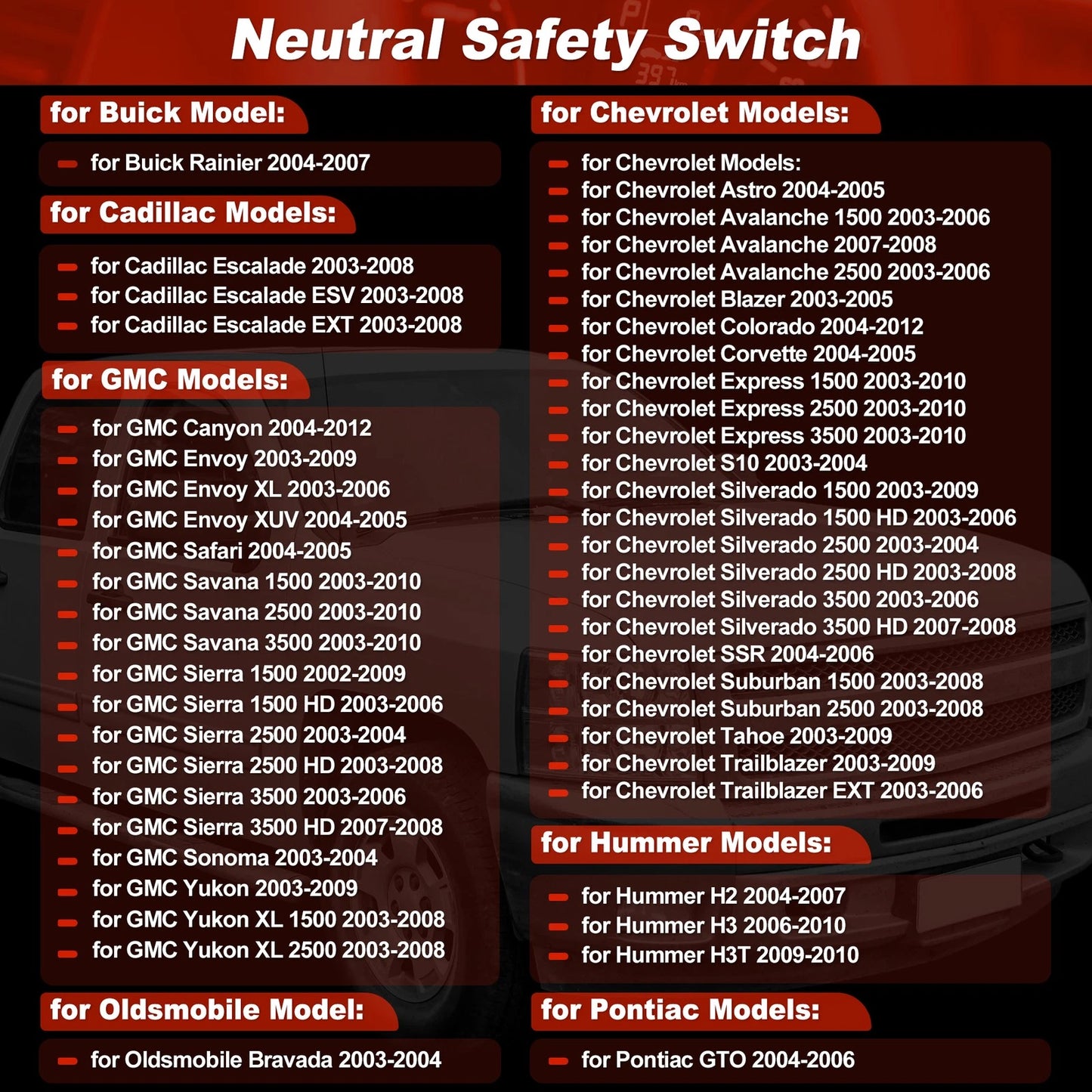 Rear Neutral Position Safety Switch for Cadillac for GMC for Hummer