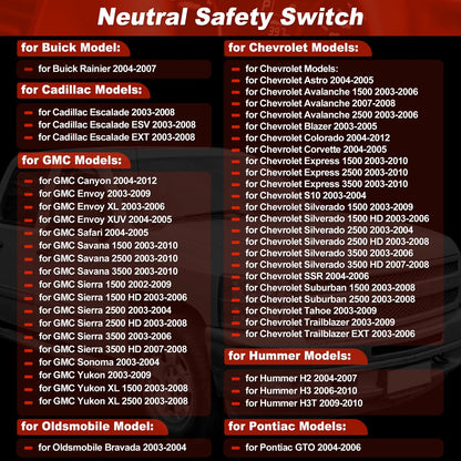 Rear Neutral Position Safety Switch for Cadillac for GMC for Hummer