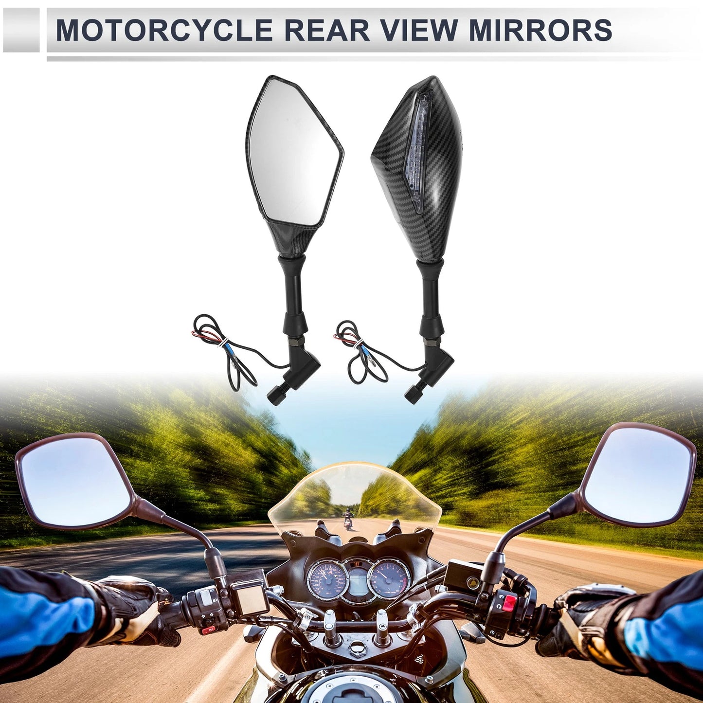 Mirror M10 Motorcycle Rear View Handlebar - Carbon Fiber Pattern Black