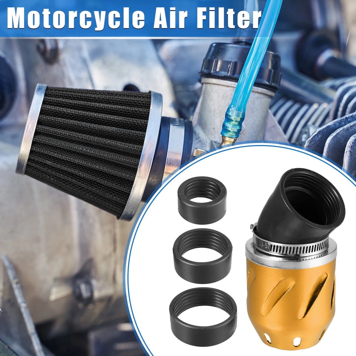 Universal Air Filter 26/35/42/48mm ID 140x700mm Gold Tone for Motorcycle