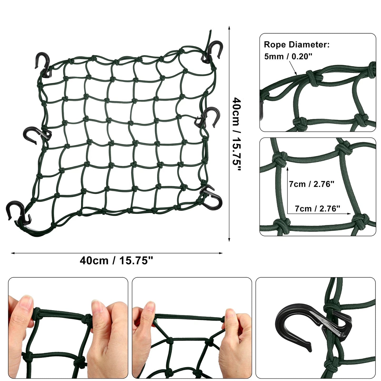 40x40cm 49 Holes Motorcycle Luggage Cargo Net Bag with 6 Hooks Green