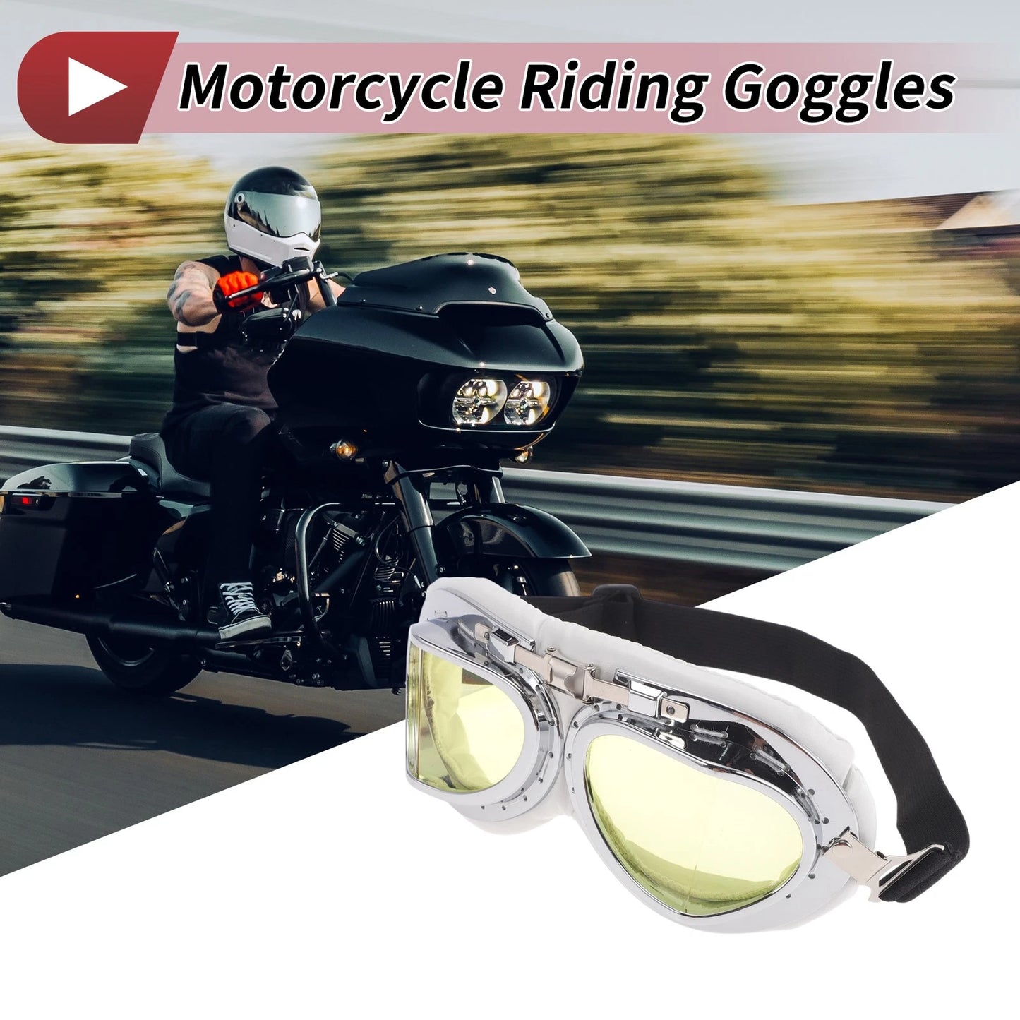 1 Pc Motorcycle Riding Goggles Yellow Lens White Silver Tone Frame PC PU Sponge