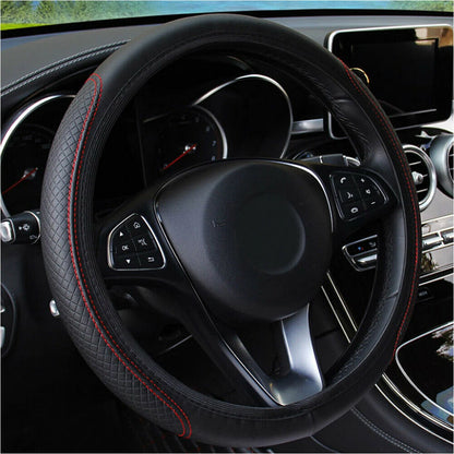 15" Black & Red PU Leather Steering Wheel Cover for Universal Cars