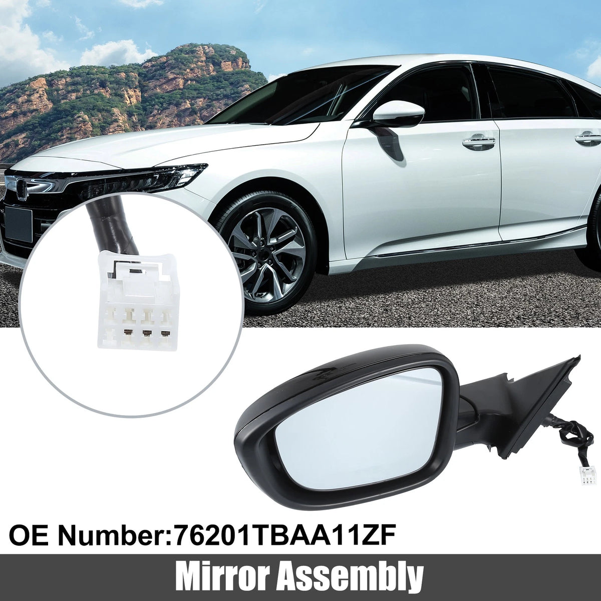 3 Pin Left Side Door Mirror Assembly Black for Honda Accord (2018-2022)