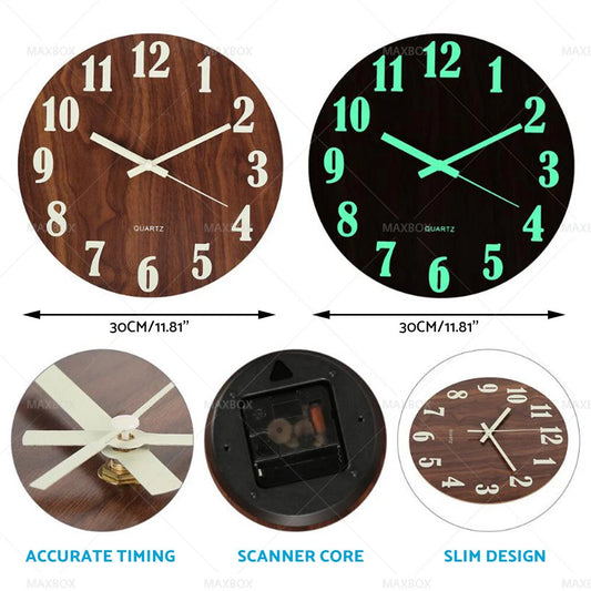 12'' Luminous Glow In The Dark Wall Clock for Home - Silent Quartz