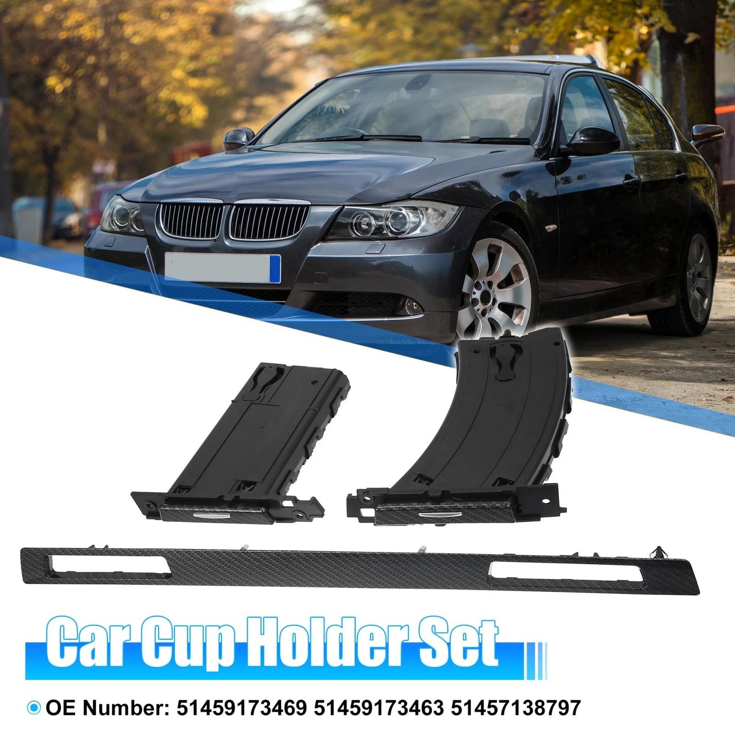 3 x Car Cup Holder Set Trim for BMW 3 Series (2012-2019) Carbon Fiber Pattern