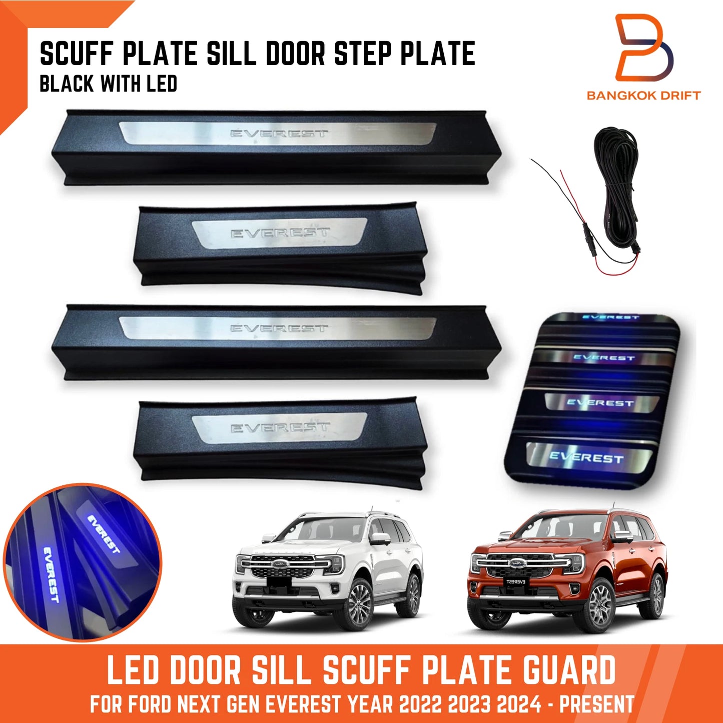 LED Black Scuff Plate Door Sill Guard for Ford Everest (2022-2024)