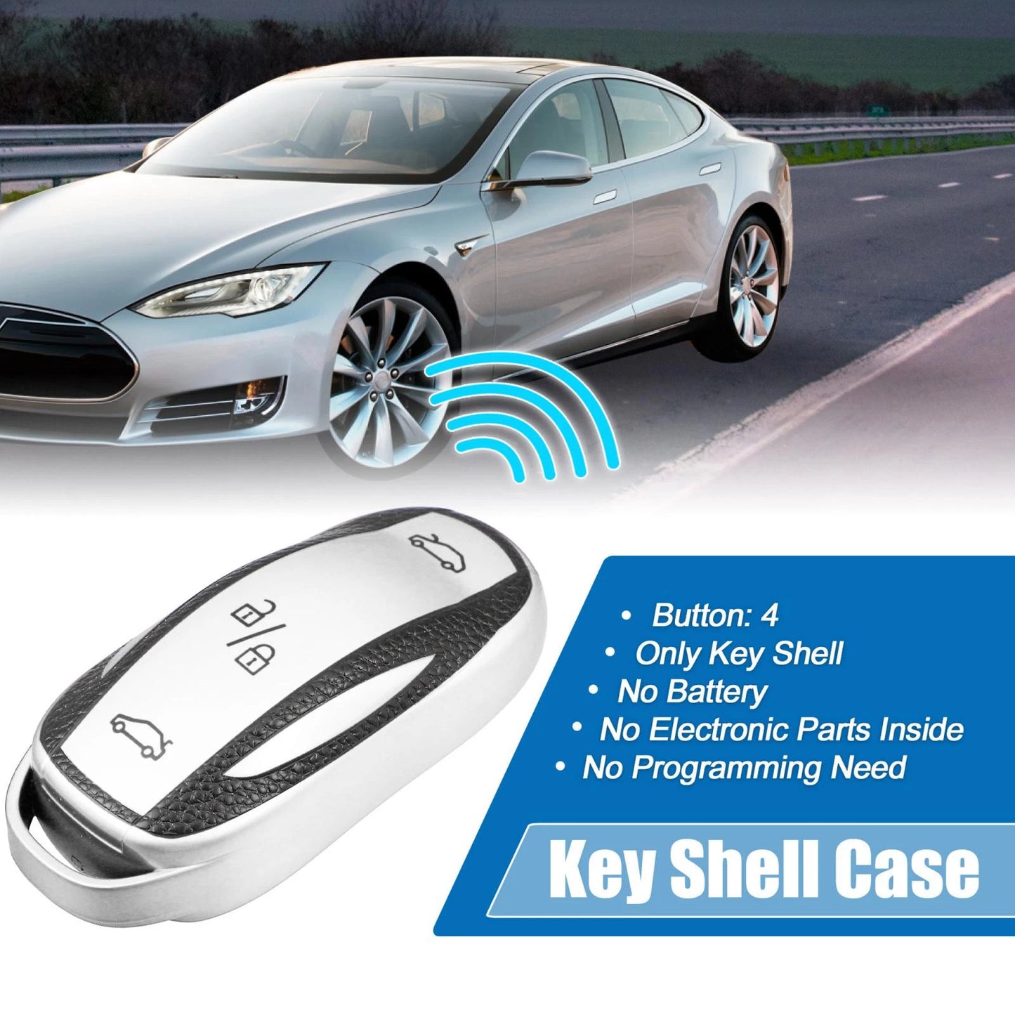 Smart Key Fob Case Cover for Tesla X 2016-2018 Silver Tone