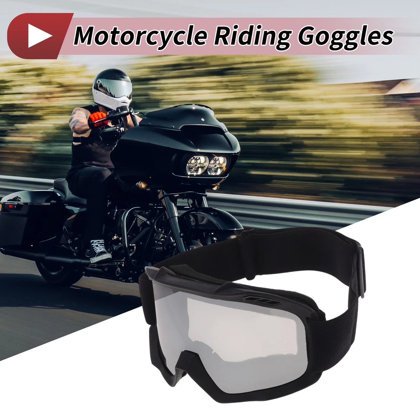 1 Pc Motorcycle Riding Goggles Silver Tone Lens Black Frame PC TPU