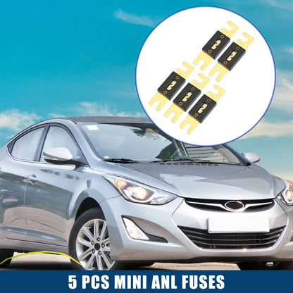 5 x Mini ANL 80A Fuses for Car, Motorcycle, Boat - Gold Tone, Black