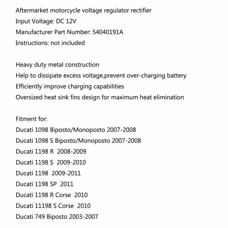 Voltage Regulator Rectifier for Ducati 1098 Biposto/Monoposto (2007-2008)