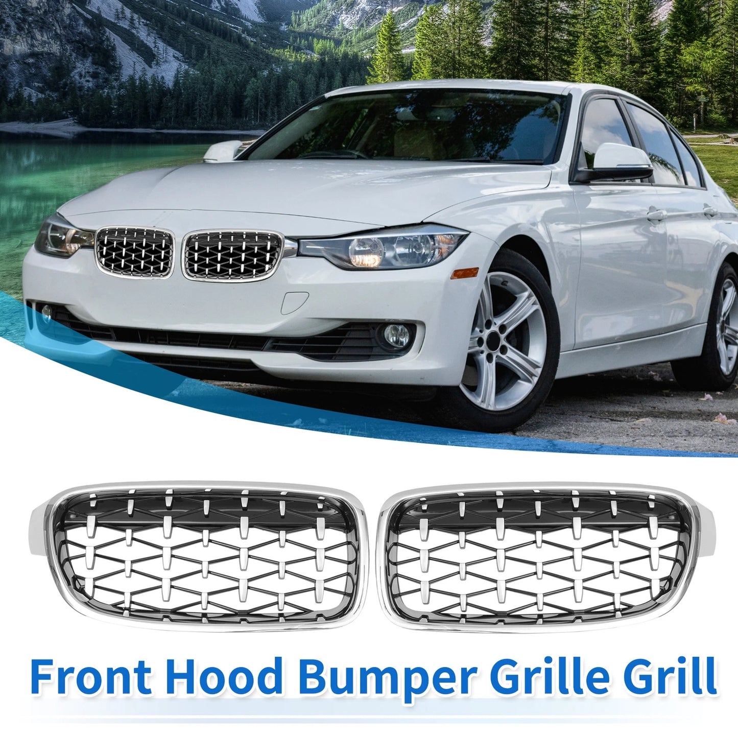 Front Hood Bumper Grille for BMW 3 Series (2013-2018) - Silver Tone