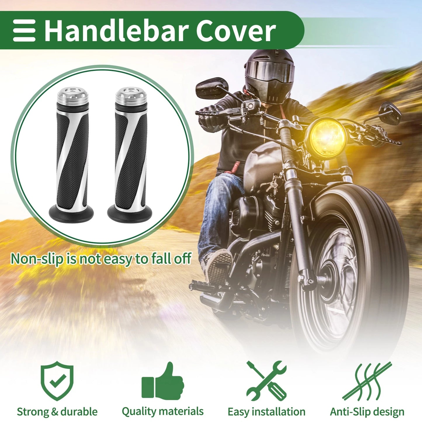 7/8 22mm Hand Grips for Motorcycle Handlebar End Grips Black Silver Tone