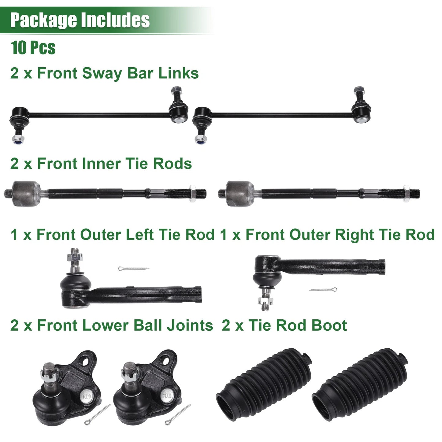 10 x Front Suspension Kit Tie Rod Ends & Sway Bar Links for Toyota Corolla (2003-2008)