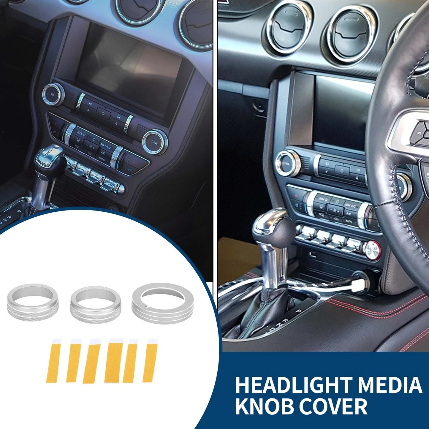 3 x Headlight Media Tune Knob Covers for Ford Mustang (2015-2021) Silver Tone