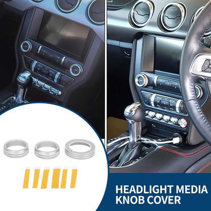 3 x Headlight Media Tune Knob Covers for Ford Mustang (2015-2021) Silver Tone