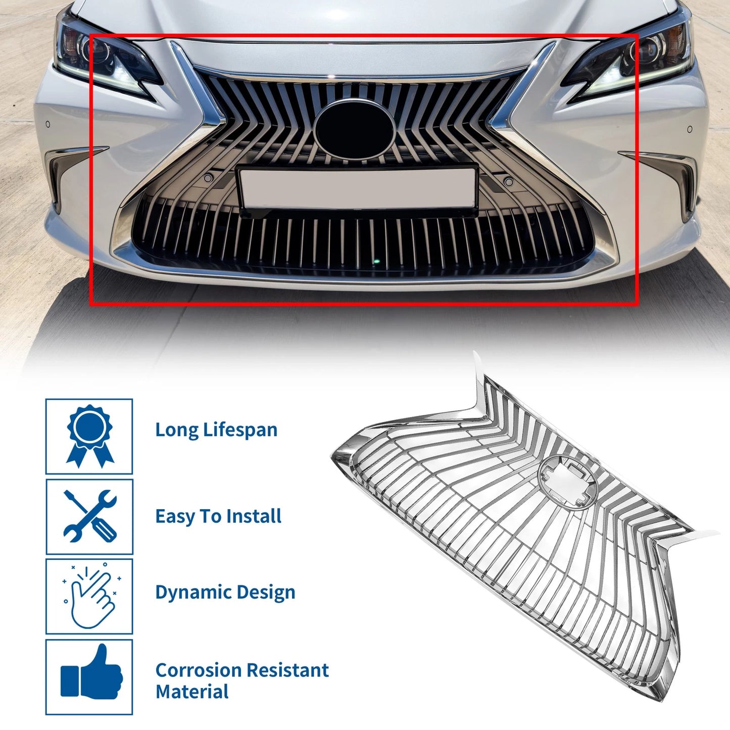 Hood Bumper Grille for Lexus ES350 (2019-2021) Chrome Silver Tone