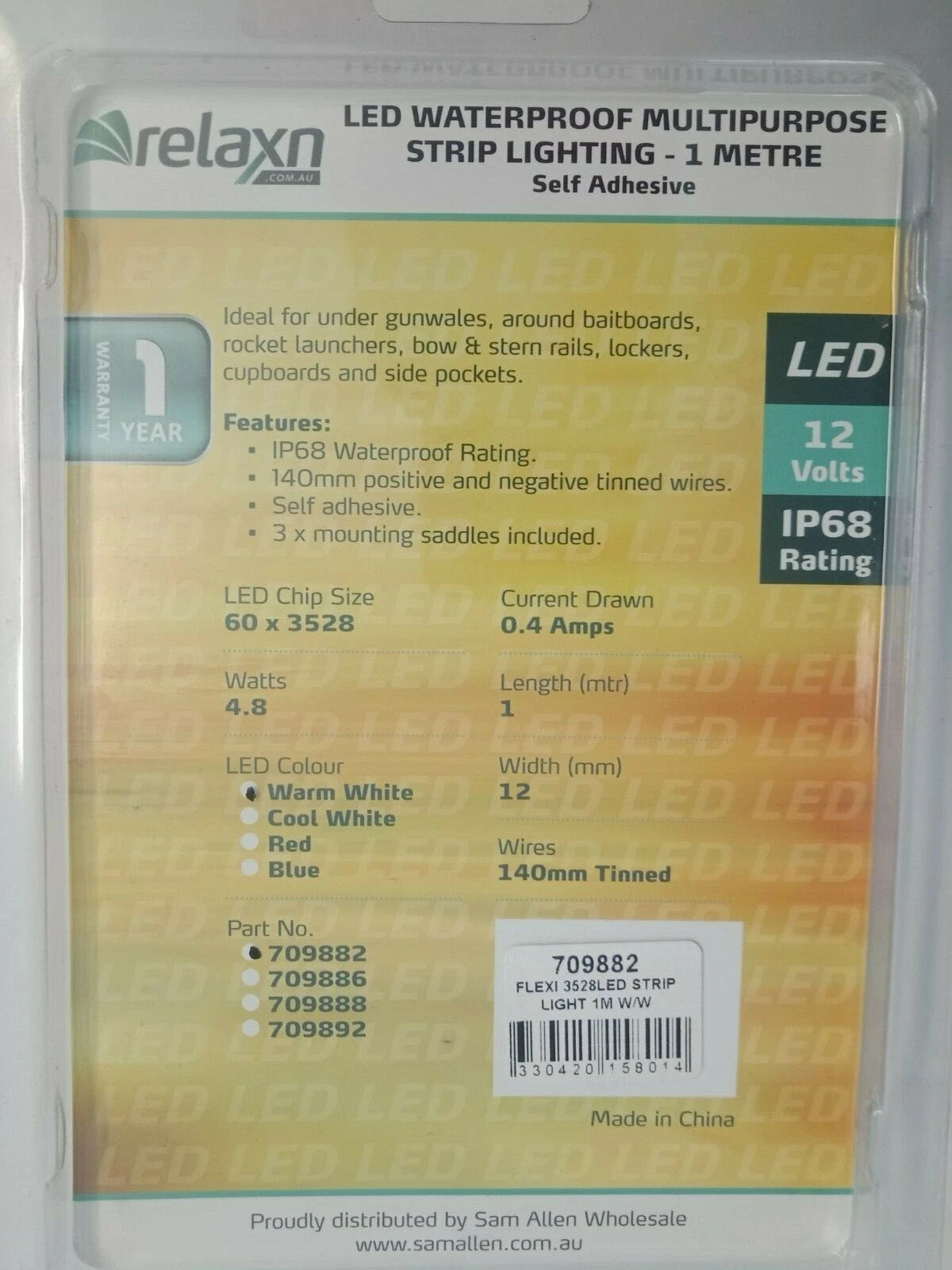 LED Waterproof Multi-Purpose Strip Lighting 1m Self-Adhesive Warm White