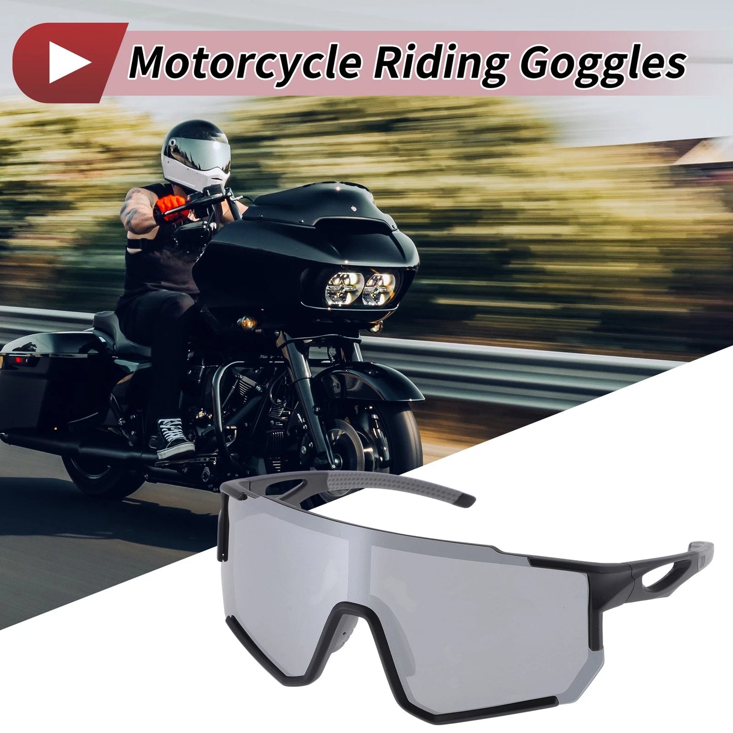 Goggles 1x Motorcycle Riding Silver Tone Gray Lens Black Frame PC Eyeglasses