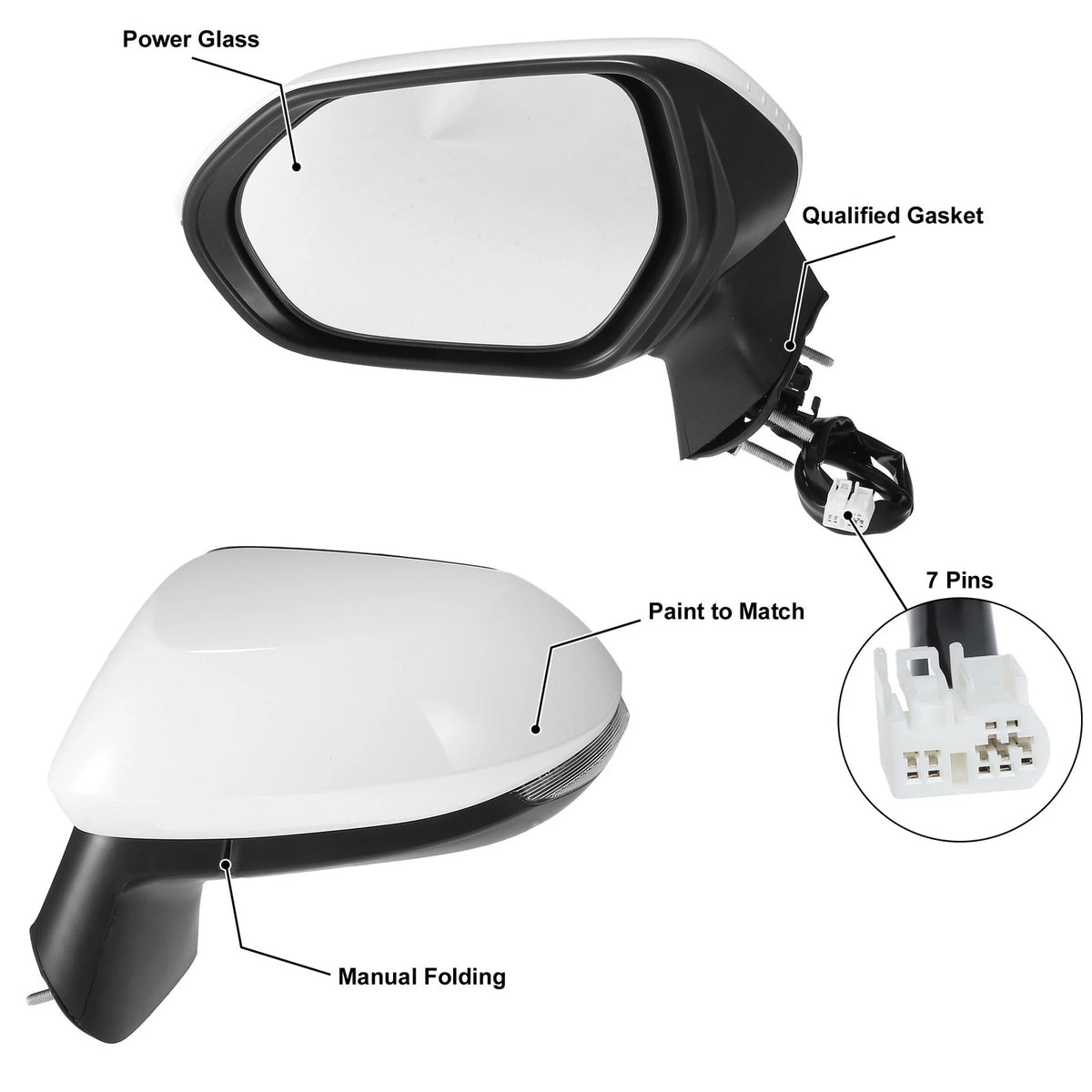 7 Pin Left Side Exterior Door Mirror Assembly White for Toyota Corolla (2020-2022)