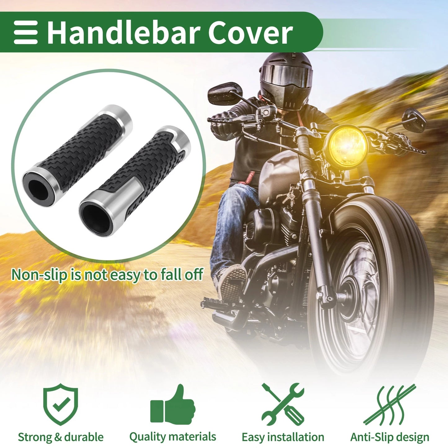 7/8" 22mm Hand Grips End Covers for Motorcycle Rubber Silver Tone