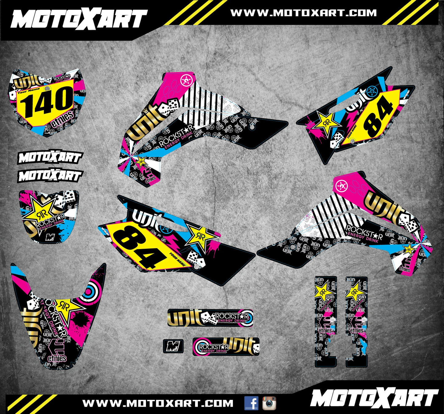 Custom Graphic Kit RUSH Style for Kawasaki KLX 140 (2008-2018) Decals