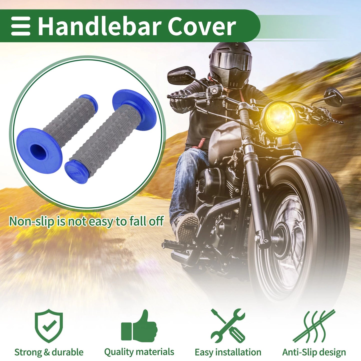 7/8" 22mm Hand Grips Rubber Blue Large Grain Texture for Motorcycle