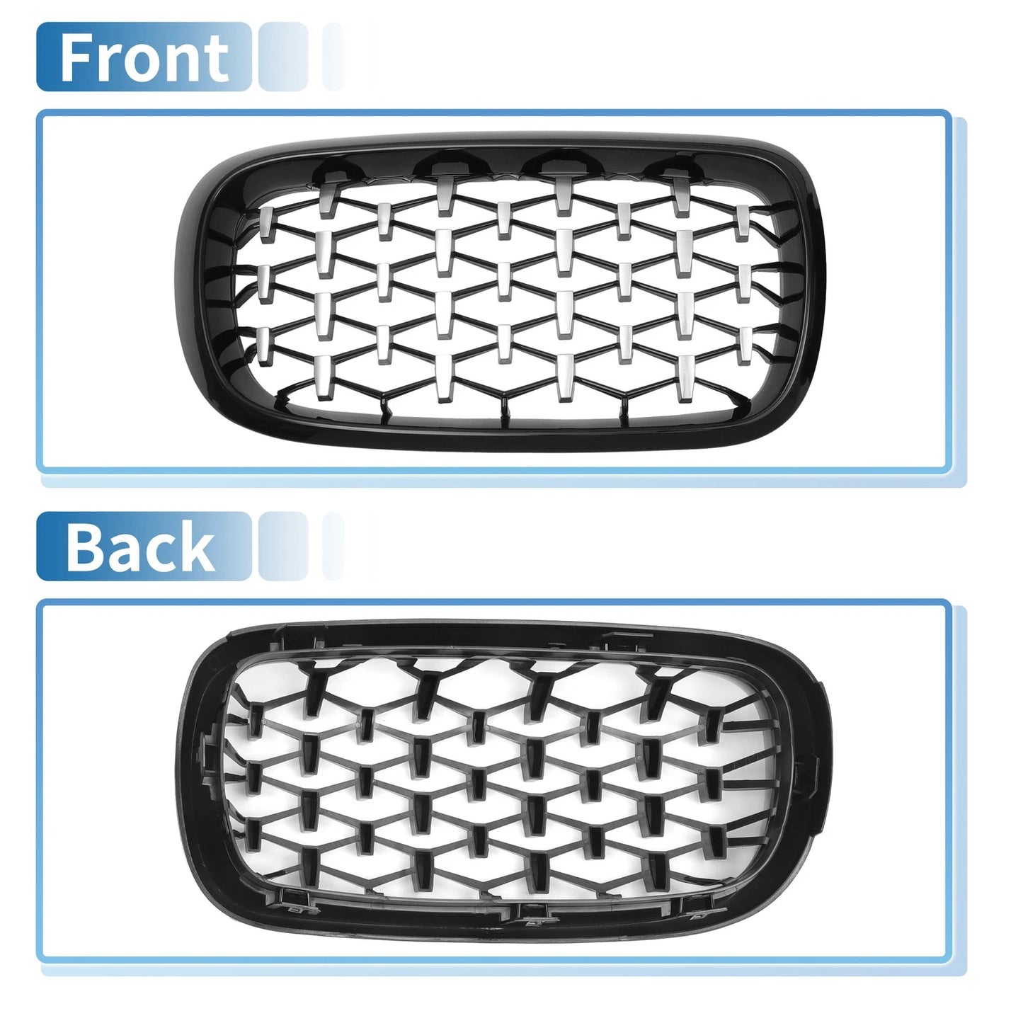 Front Hood Bumper Grille for BMW X5 2014-2016 - 1 Pair Black Silver Tone