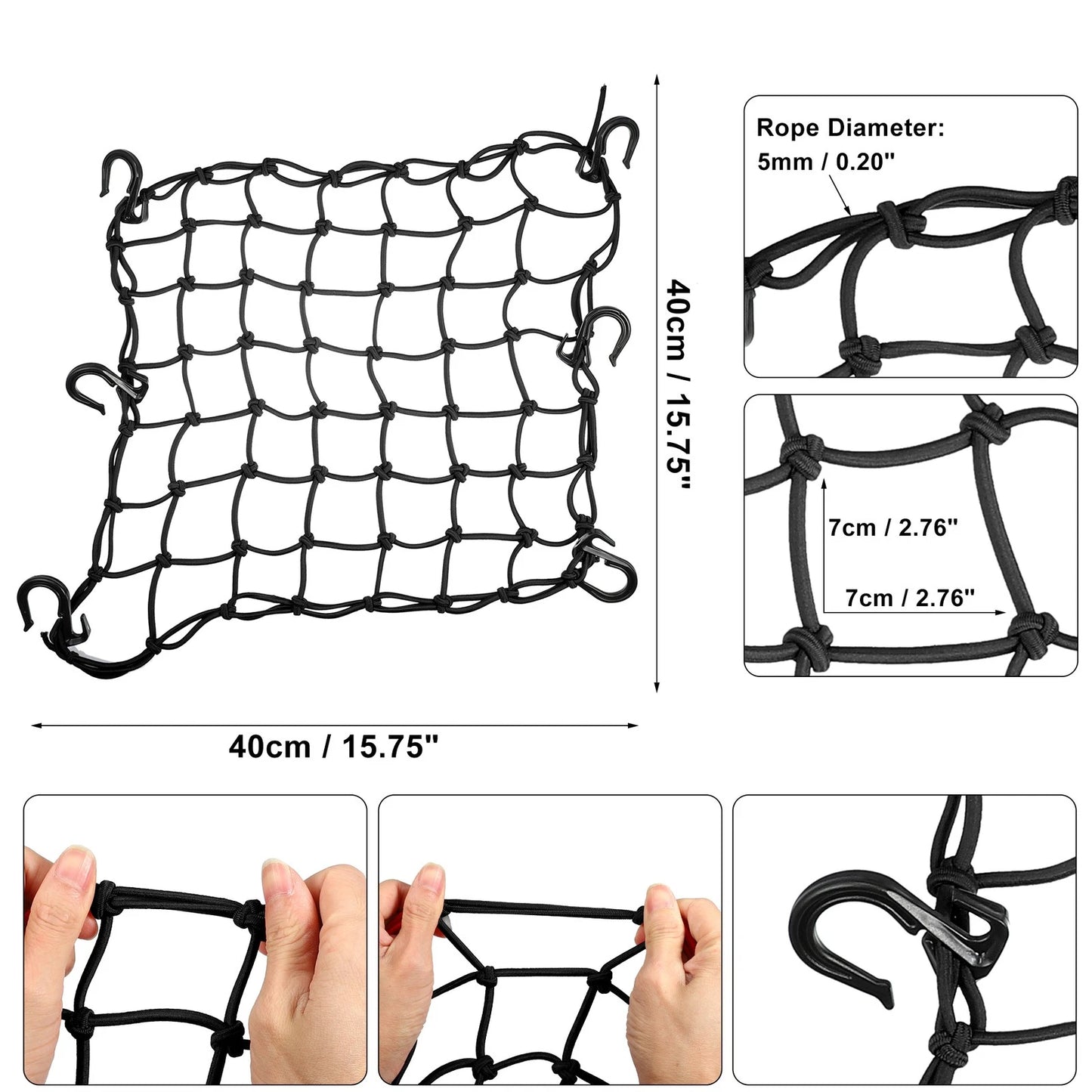 1 x 40x40cm Motorcycle Luggage Cargo Net Bag with 49 Holes, 6 Hooks Black