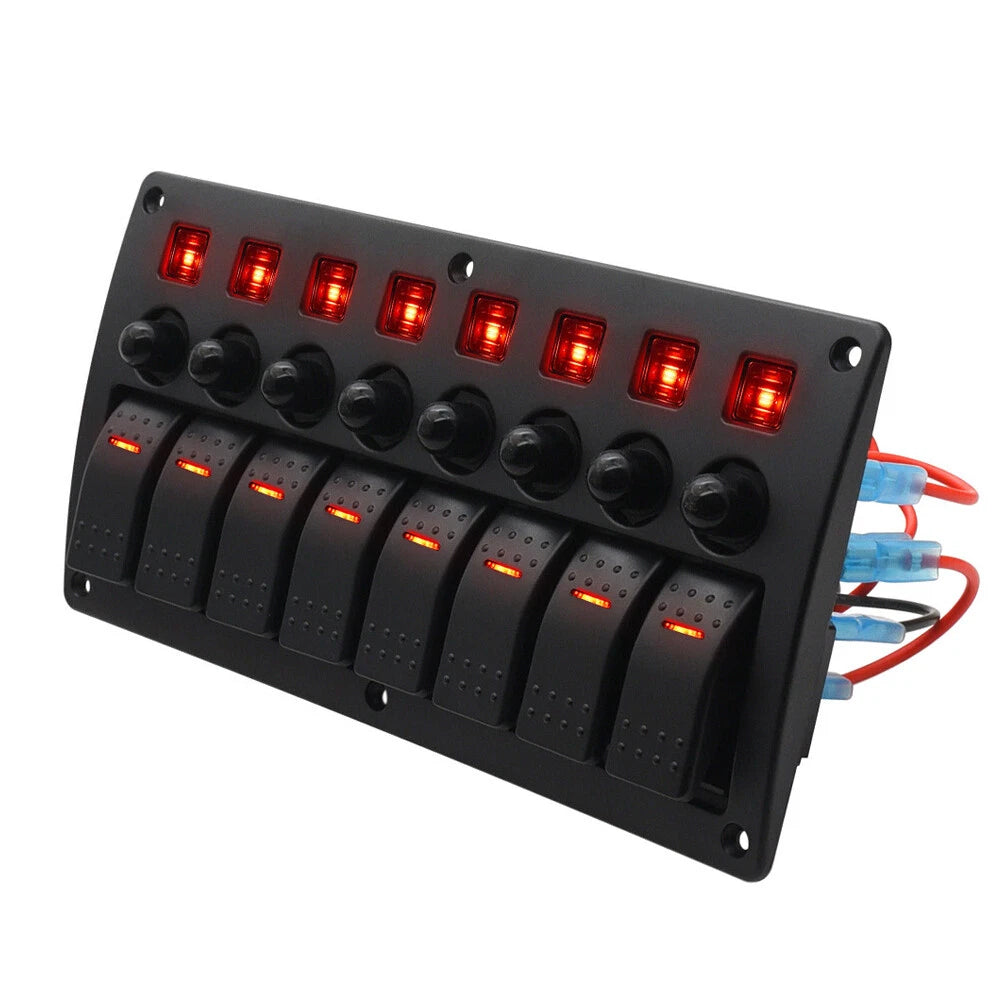 8 Gang Red LED Toggle Rocker Switch Panel for Car RV Marine Boat