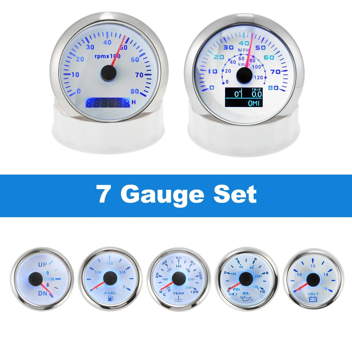 7 Gauge Set GPS Speedometer Tacho Fuel/Temp/Oil/Volt/Trim for Marine Boat White