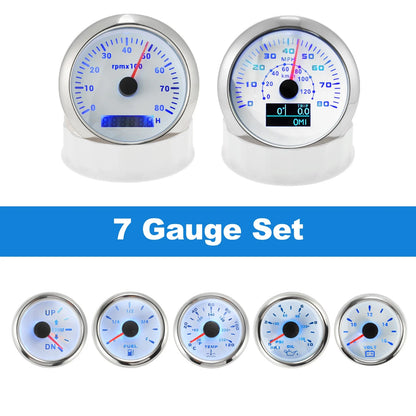 7 Gauge Set GPS Speedometer Tacho Fuel/Temp/Oil/Volt/Trim for Marine Boat White