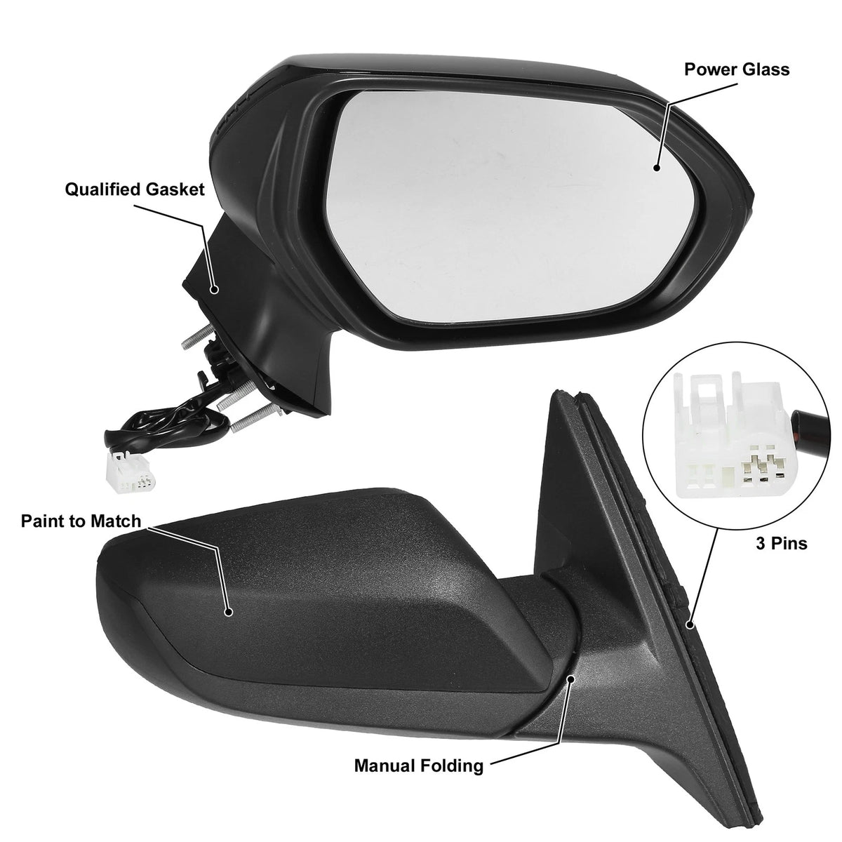Right Side Exterior Door Mirror Assembly Black for Toyota Corolla (2020-2022)