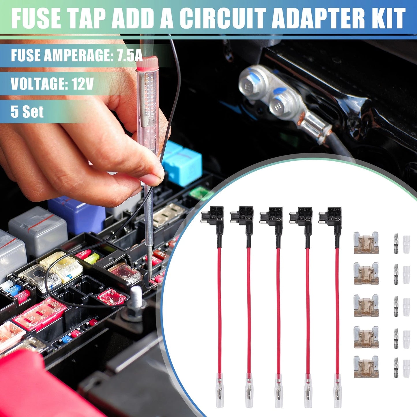 5 x Car Fuse Tap Circuit Adapters w/ 7.5A Mini Blade Fuses for Universal