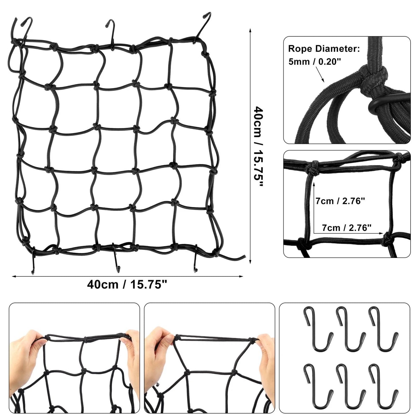 2 x 40x40cm Motorcycle Luggage Cargo Net Storage Bag Thicken Elastic Rope Black
