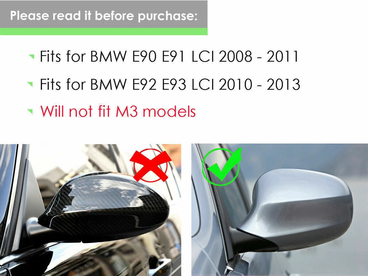 Rear Carbon Fiber Side Mirror Cover Caps 2 x For BMW E90 E92 E93 (2007-2013)