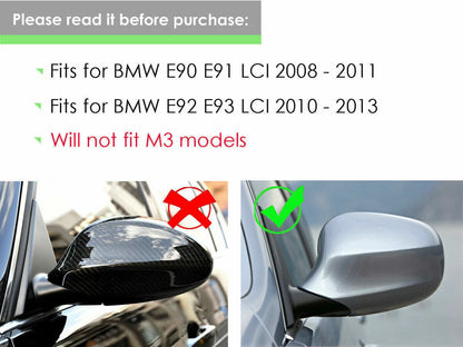 Rear Carbon Fiber Side Mirror Cover Caps 2 x For BMW E90 E92 E93 (2007-2013)