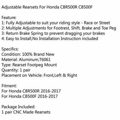 Adjustable Rearsets for Honda CBR500R, CB500F (2016-2017)