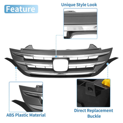 Front Upper Bumper Grille for Honda CR-V (2012-2014) Chrome Silver Tone