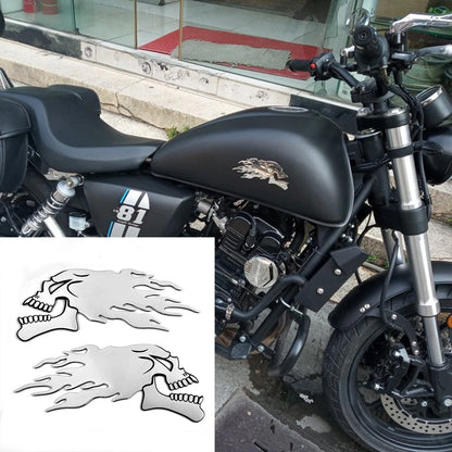 1 Pair Sliver Flaming Skull 3D Sticker Decal for Motorbike Motorcycle Tank Car