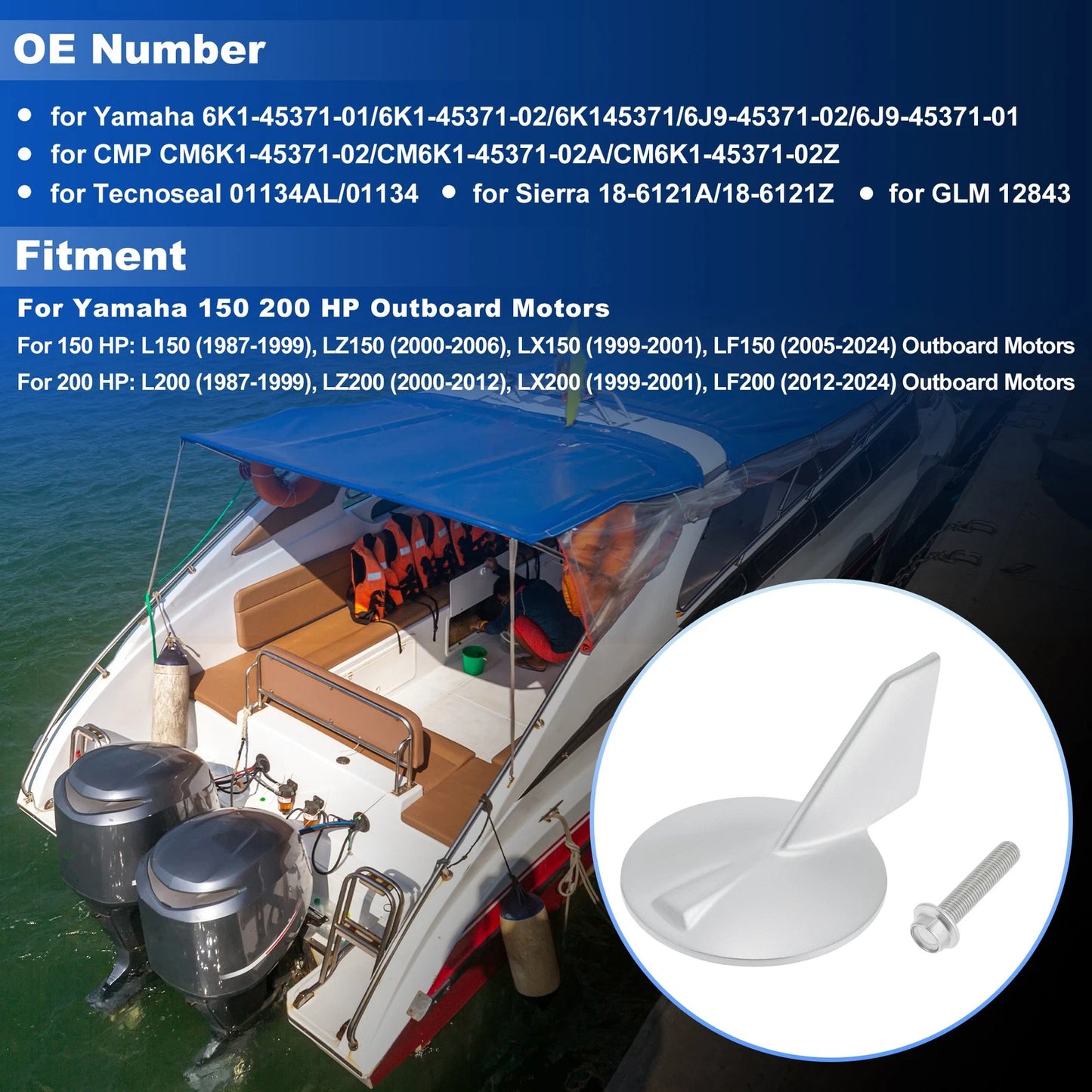 Boat Motor Trim Tab Anode for Yamaha 150 200 HP Outboard Motors