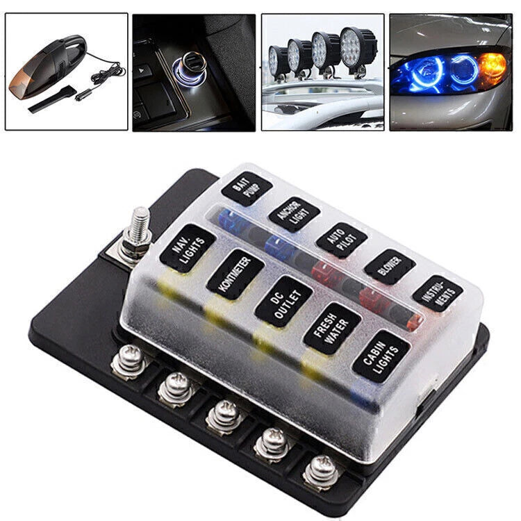 10-Way Blade Fuse Holder Box with LED Indicator for Marine 12V (N/A)