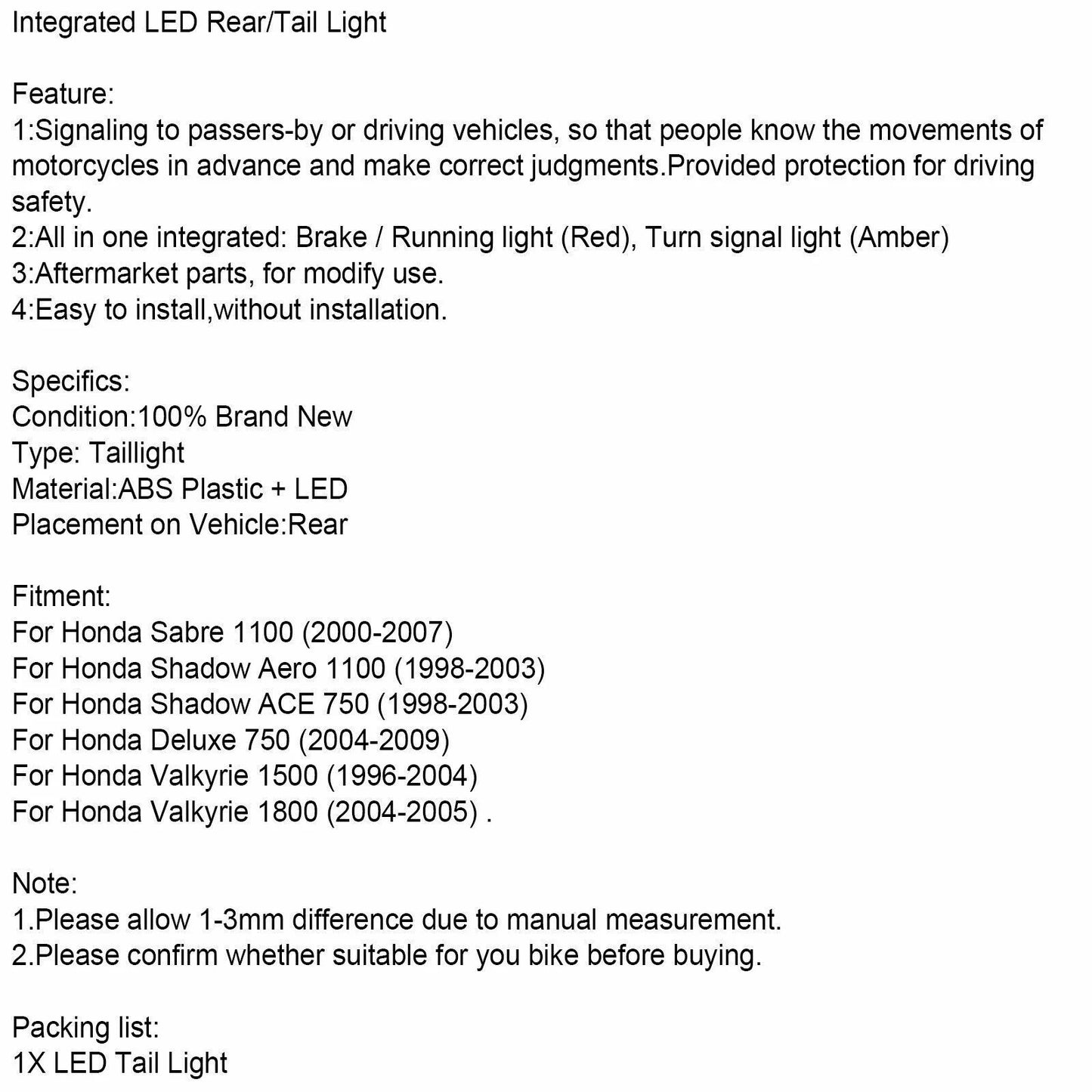 LED Tail Light for Honda Sabre Shadow ACE Deluxe Valkyrie (2000-2007)