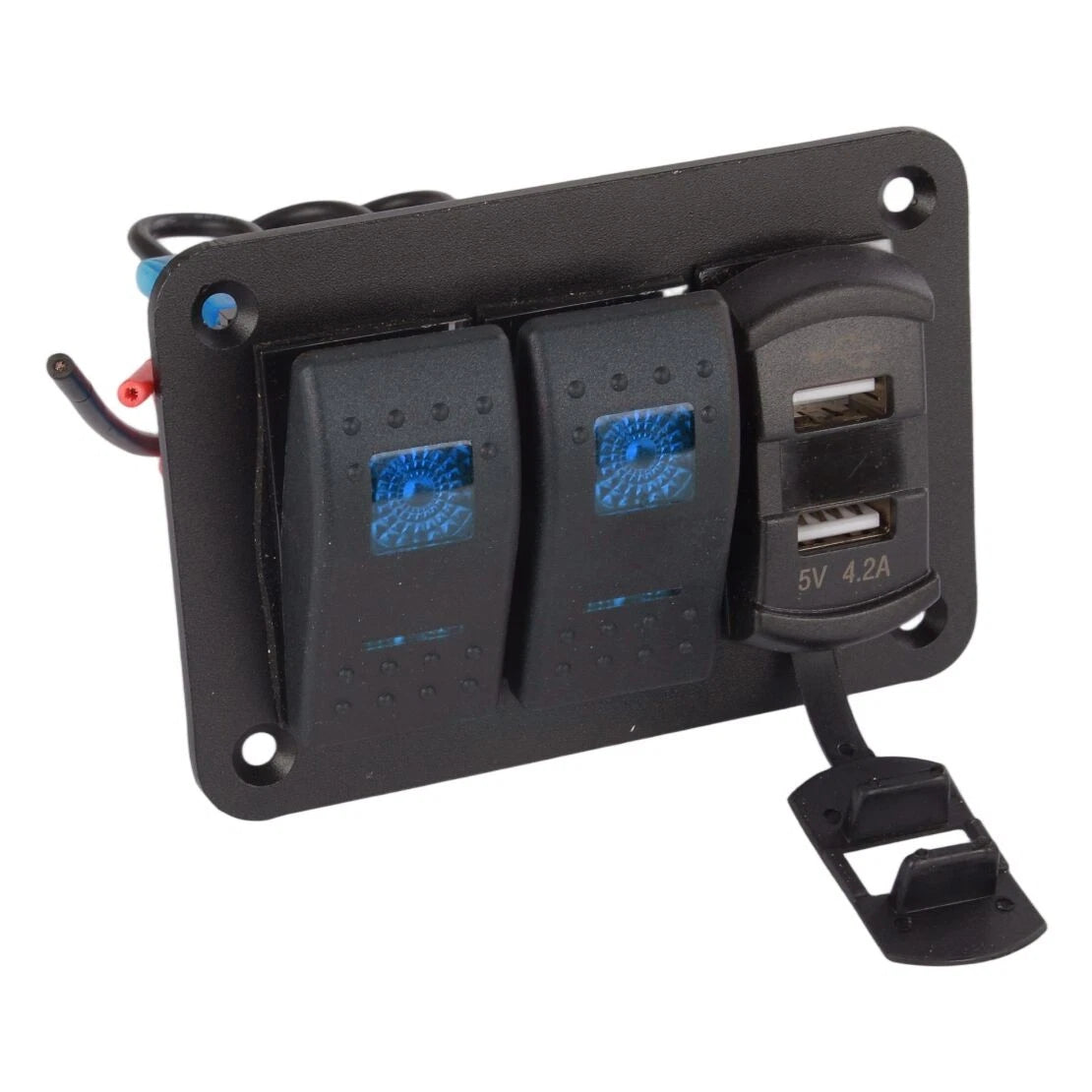 Gang Toggle Rocker Switch Panel with Dual USB for Car Boat RV Truck Blue LED