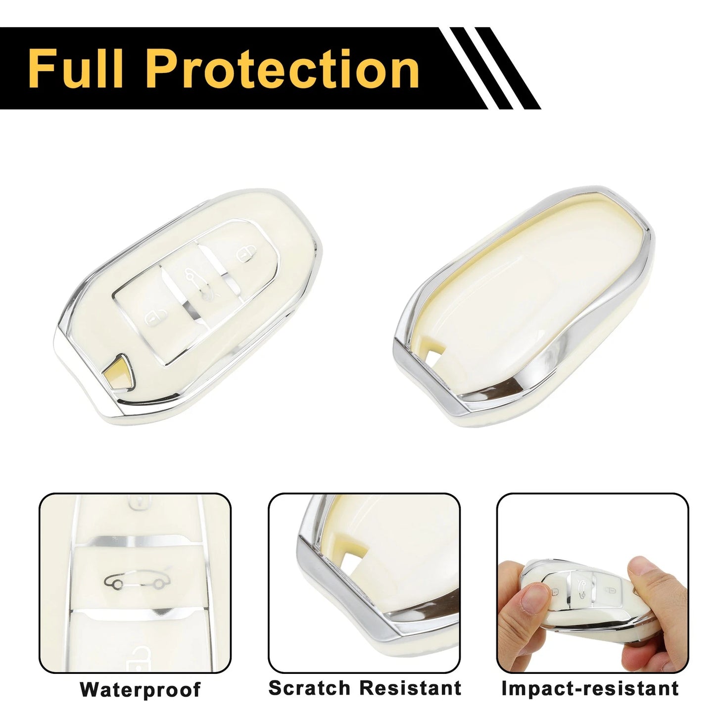 White Silver TPU Key Fob Shell Cover for Peugeot 308 (2007-2014)